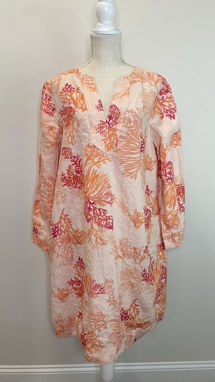 Chicos Linen Coral Reef Tunic Dress Vacation Resort Kaftan Women's Size 3 16/18